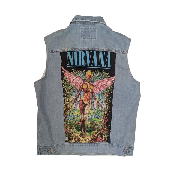 Nirvana In Utero Denim Vest Grunge Rock Band Patch Sleeveless Jean Jacket Men M - Picture 2 of 8